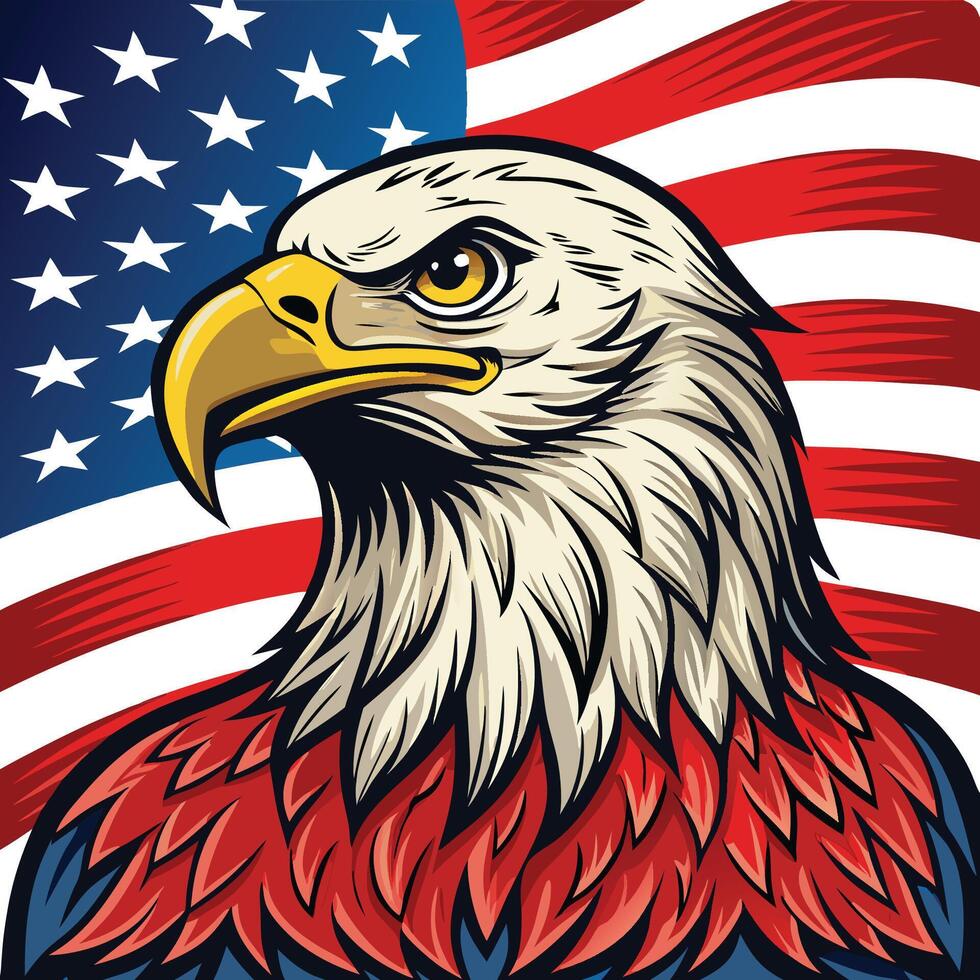 Vintage Hand Drawn American Eagle with Rippling Flag Background vector