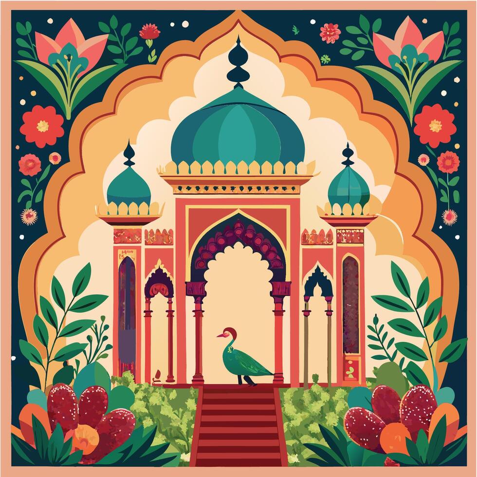Majestic Mughal Palace Garden Arch and Architecture vector