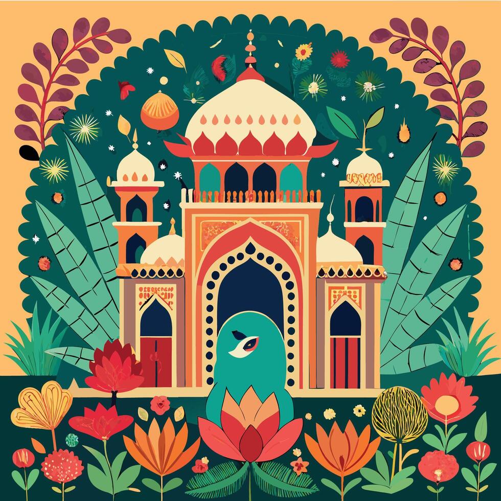 Mughal Garden Pavilion with Elephant and Peacock Sculptures vector