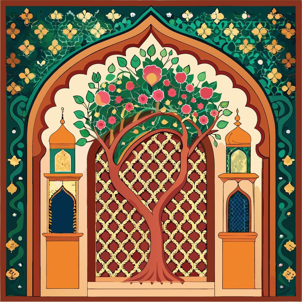 Ornate Mughal Temple Lattice Wall Adorned with Peacocks vector