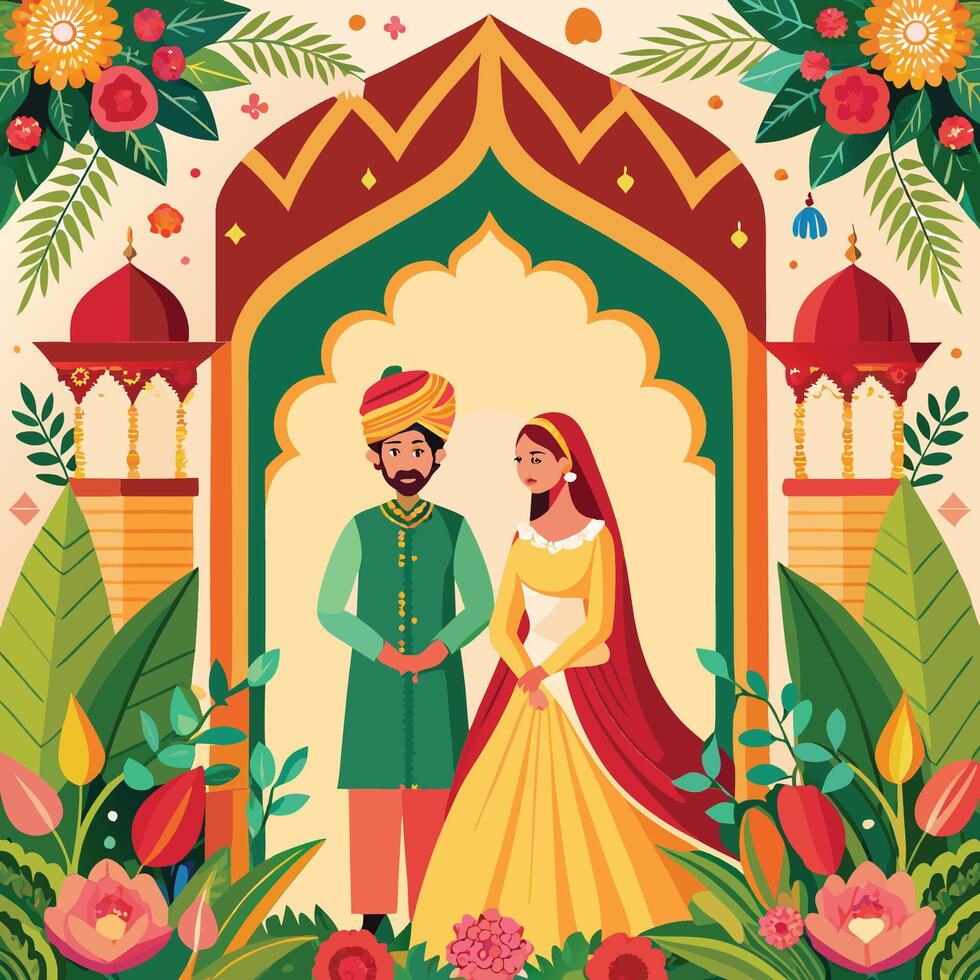 Elegant Traditional Mughal Garden Setting for a Wedding Invitation vector