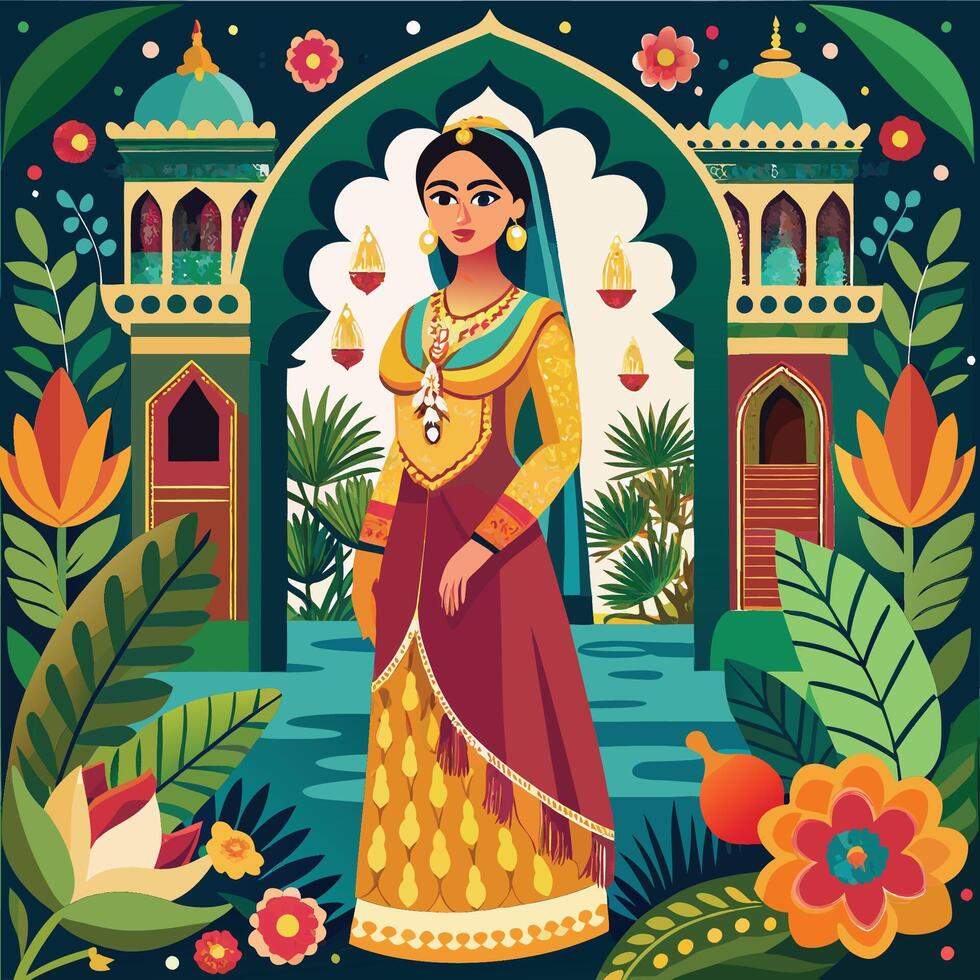 Portrait of a Woman in Traditional Attire Amidst an Ornate Mughal Garden with Arches vector