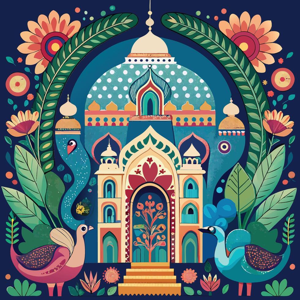 Ornate Mughal Garden with Majestic Elephant and Vibrant Peacock vector