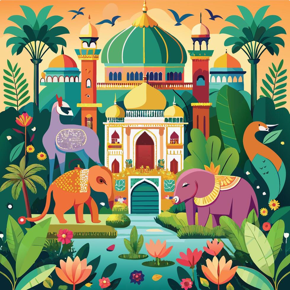 Traditional Mughal Garden with Elephants Monkeys and Parrots vector