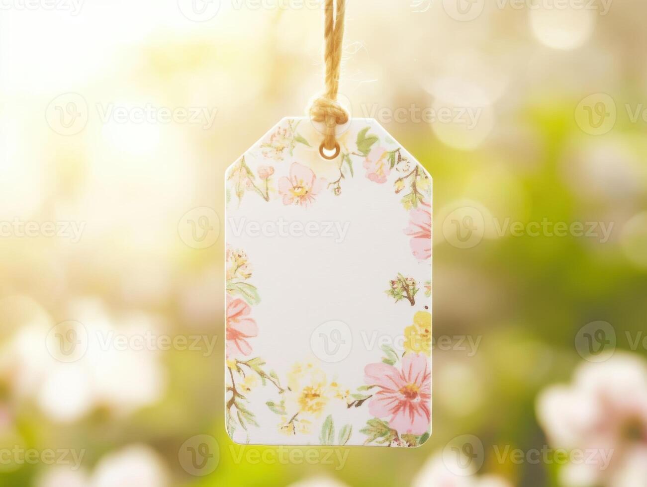 White empty sale tag adorned with flowers and pastel colors on a spring background featuring blooming flowers and soft sunlight. photo