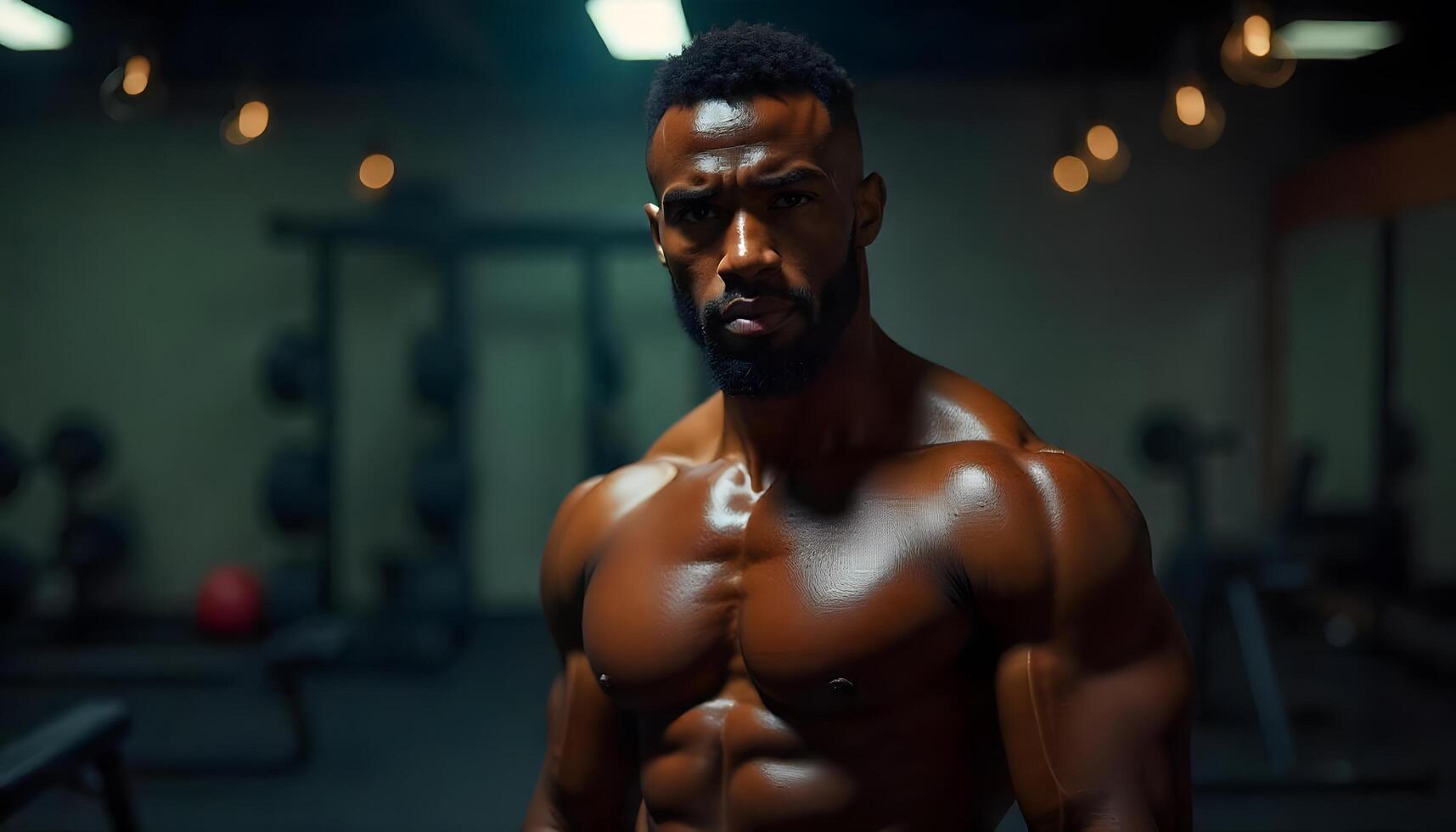 A man with a muscular body standing in a gym photo