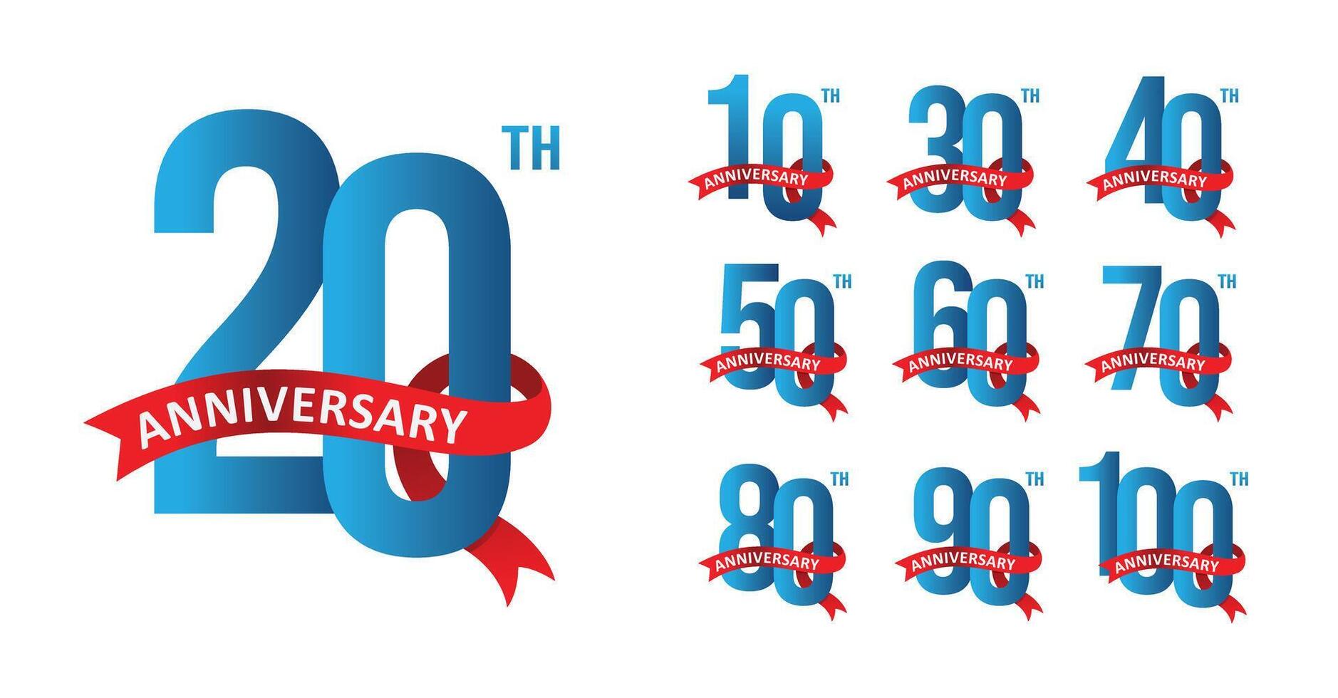 Set of anniversary design blue ribbon number vector