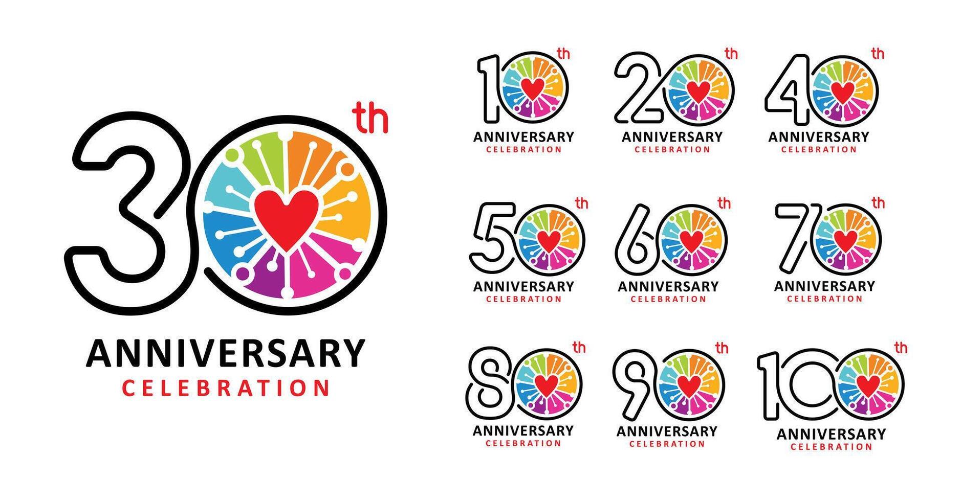 Set of anniversary design colorful love number vector