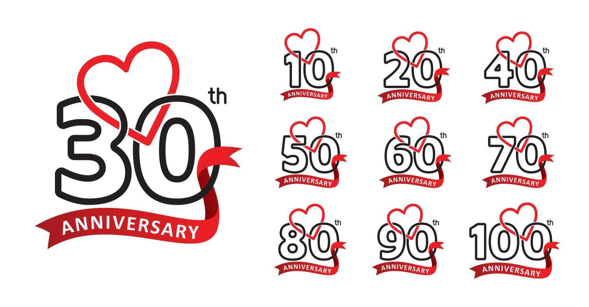 Set of anniversary design love line number vector