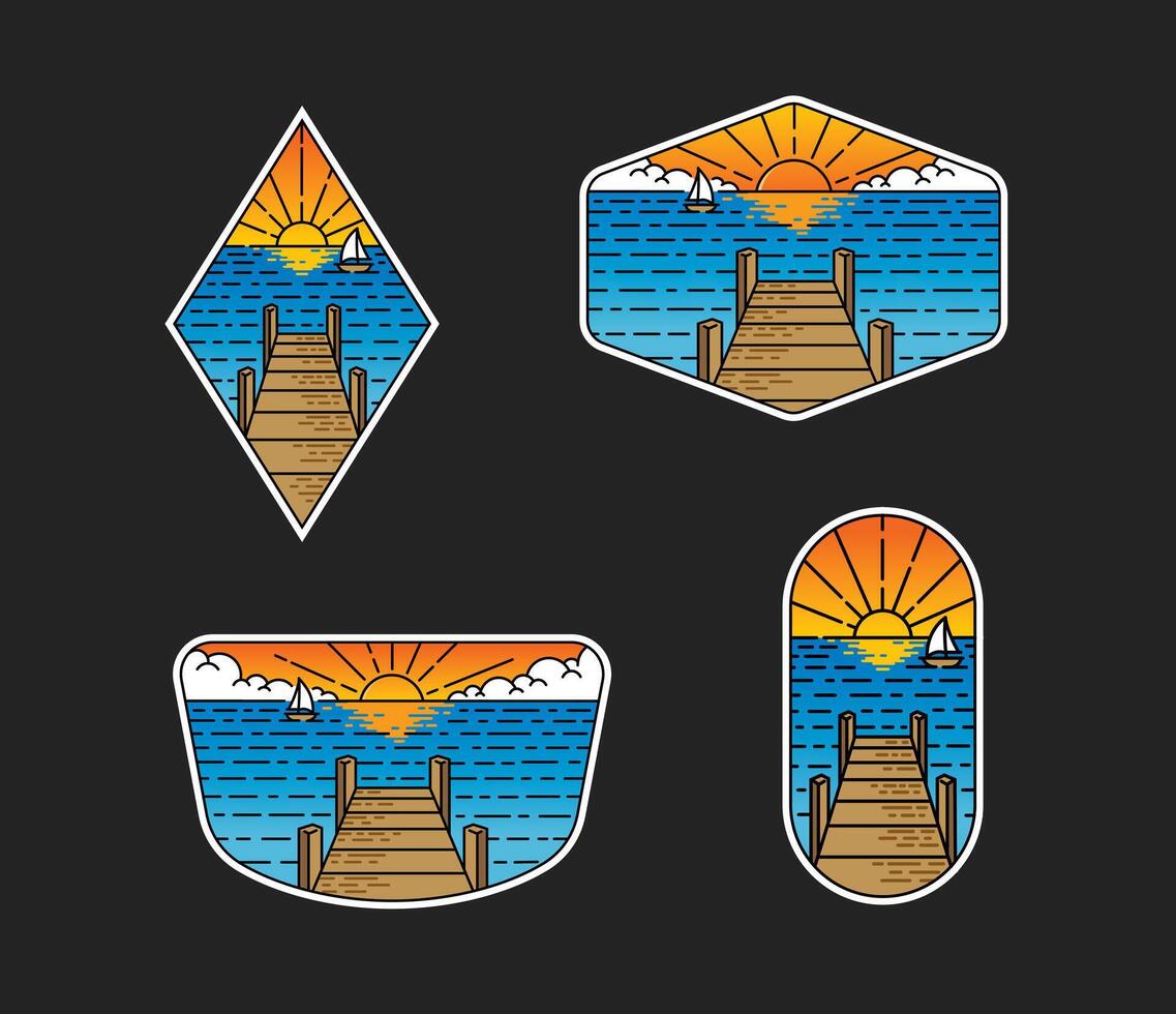 Set of line art sunset outdoor scenery designs illustration vector