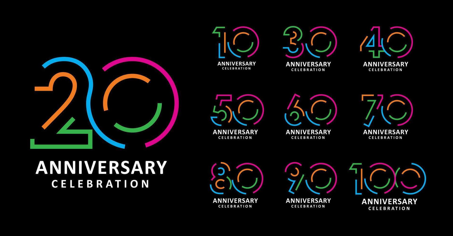 Set of anniversary number colorful line vector