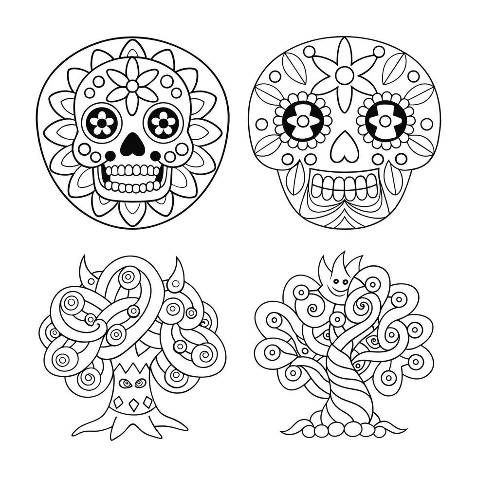 Sugar skulls and decorative trees, black and white outline illustration for coloring book vector