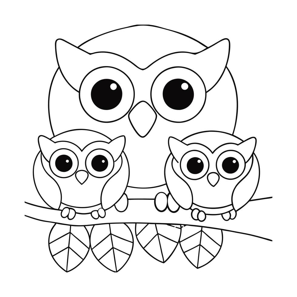 Cute owl family sitting on a tree branch, black and white outline illustration vector