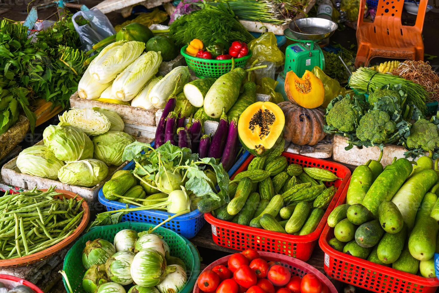 Many vegetables in the Vinh Hai market of Nha Trang Vietnam photo
