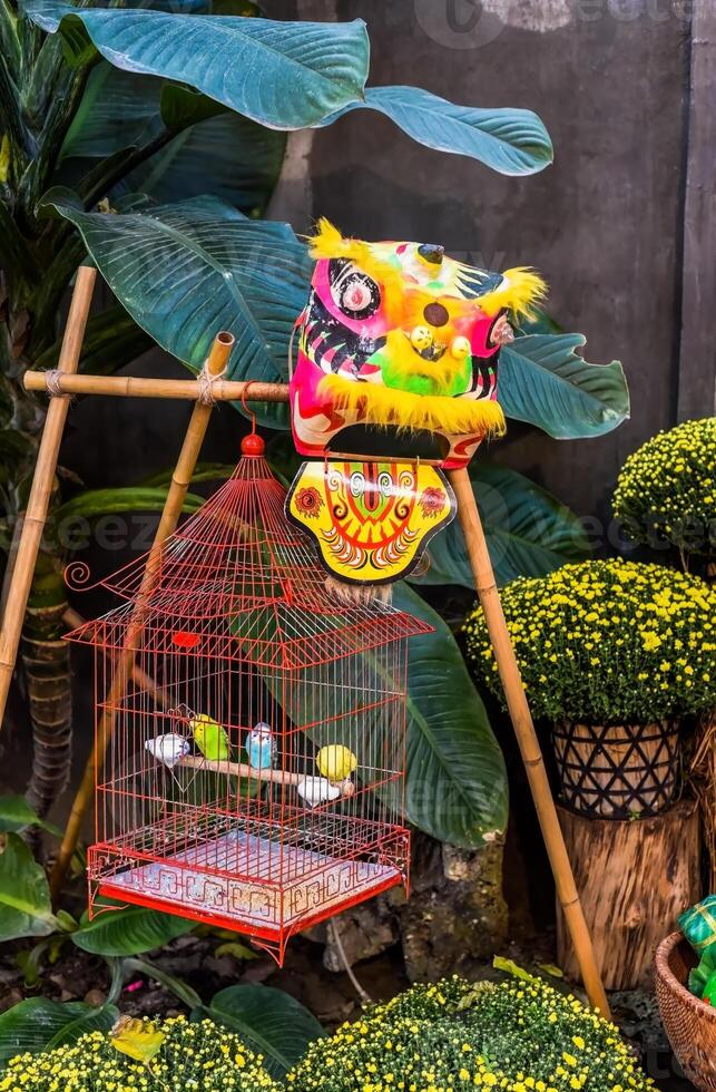 cage with parrots and dragon head with decor as symbol of wealth in the market for Tet Lunar New Year photo
