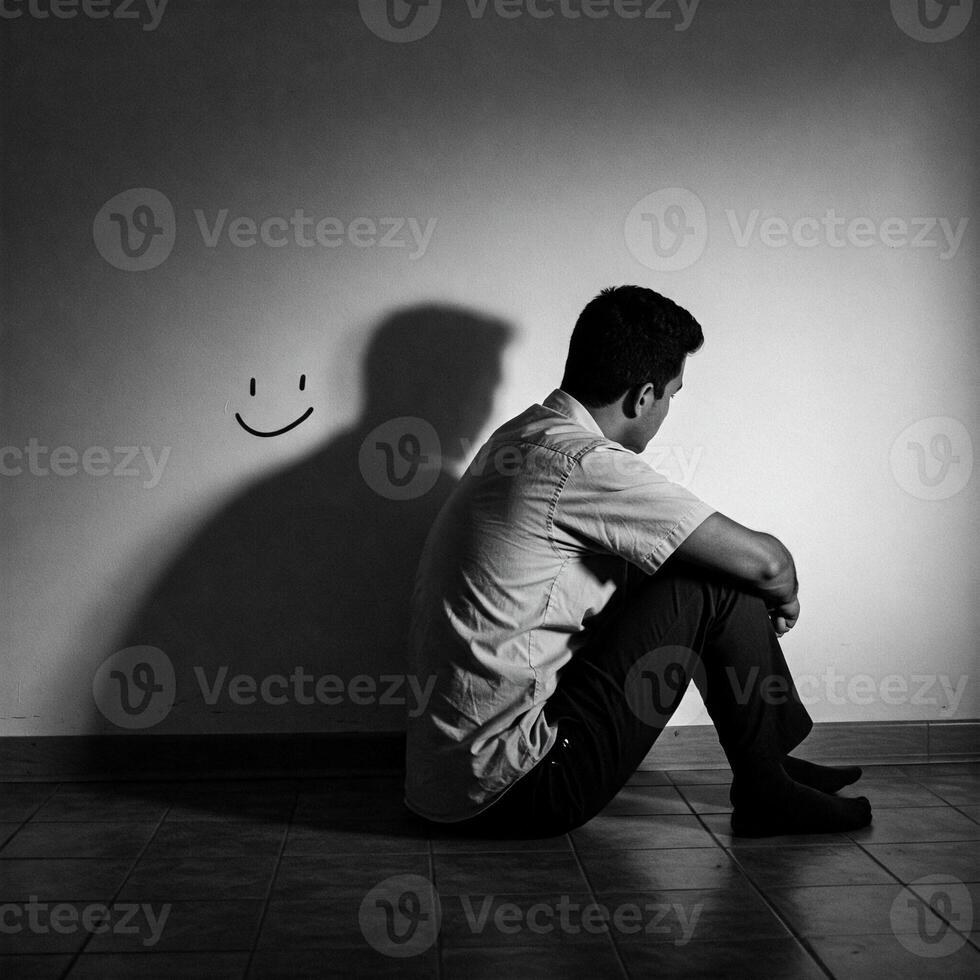 A man sitting on the floor with a smiley face drawn on the wall photo