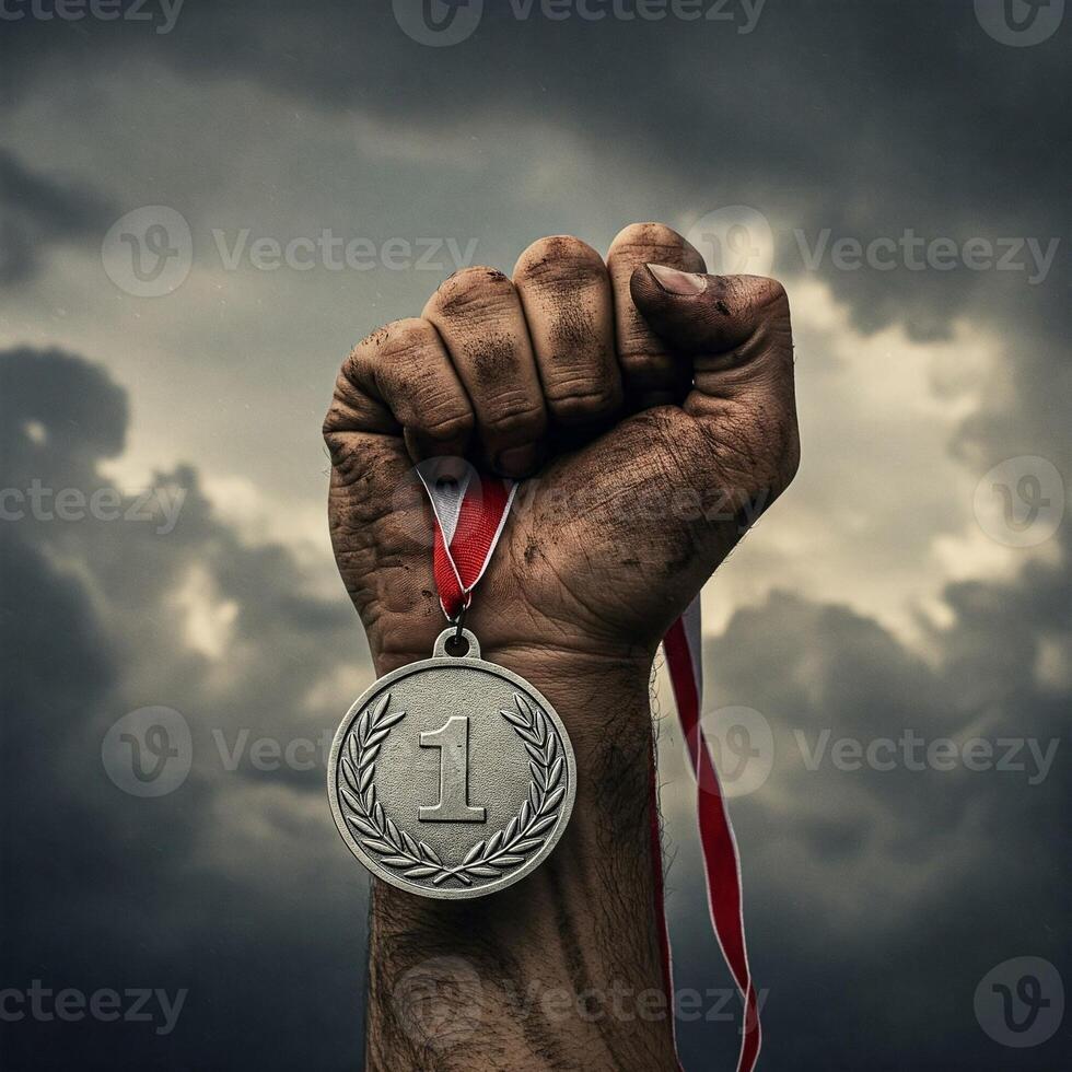 A man holding up a silver medal with a stormy sky in the background photo