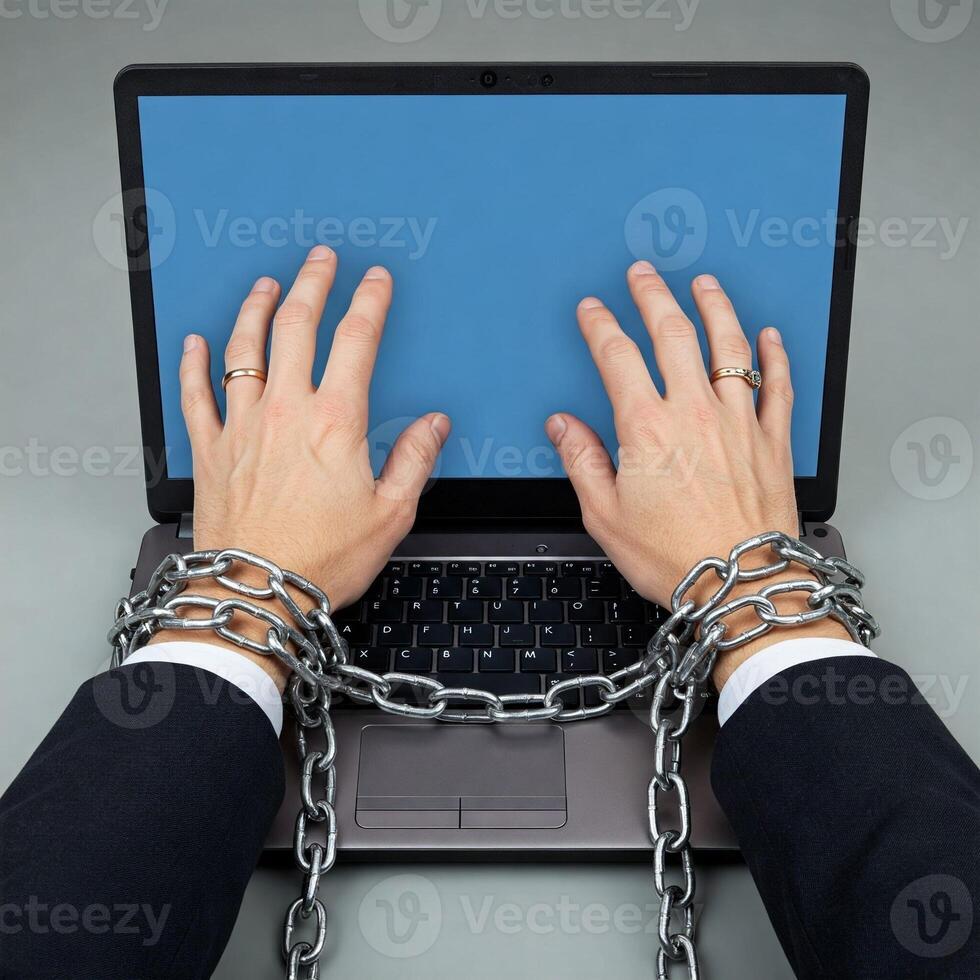 Hands chained to laptop computer photo