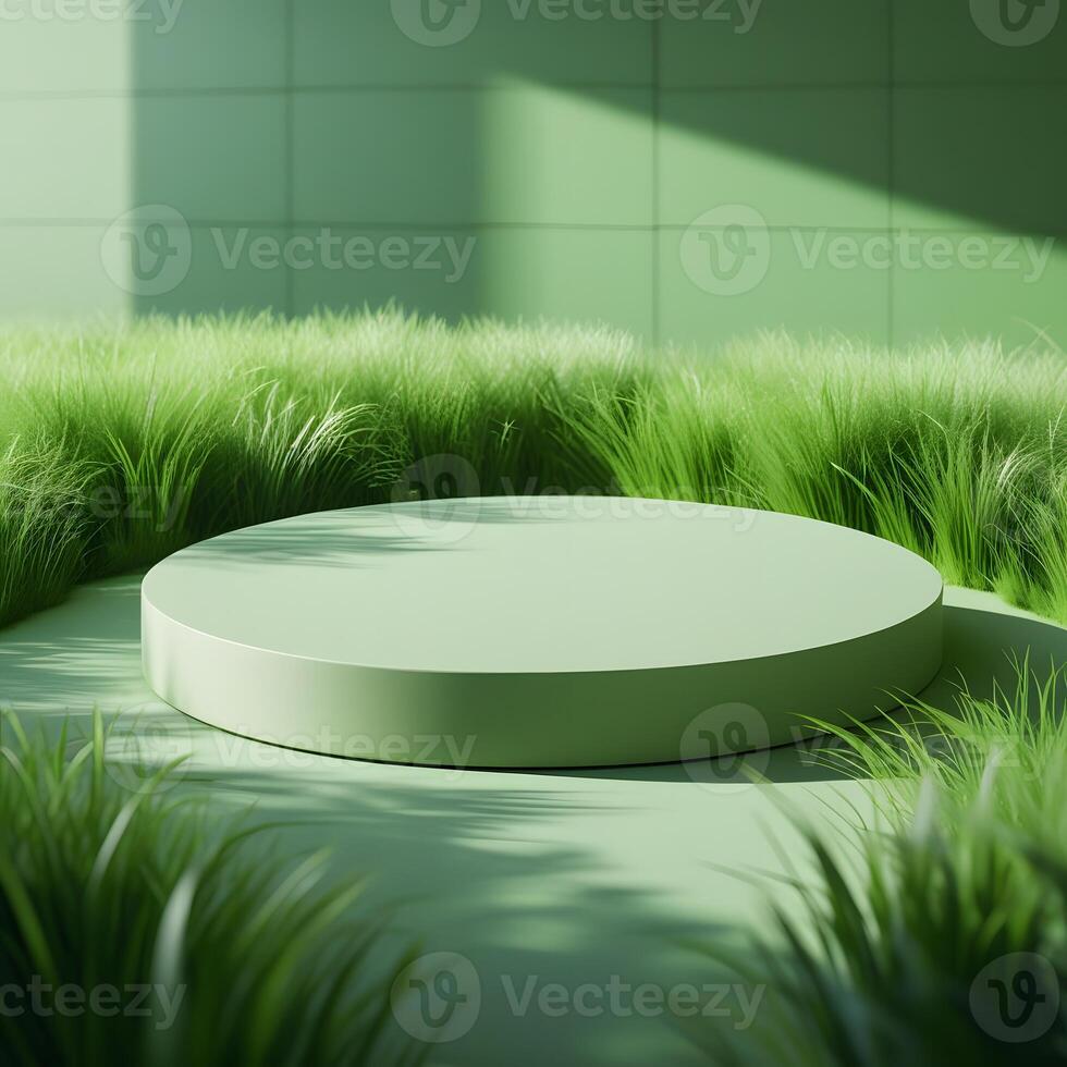 A circular green platform in front of a green wall photo
