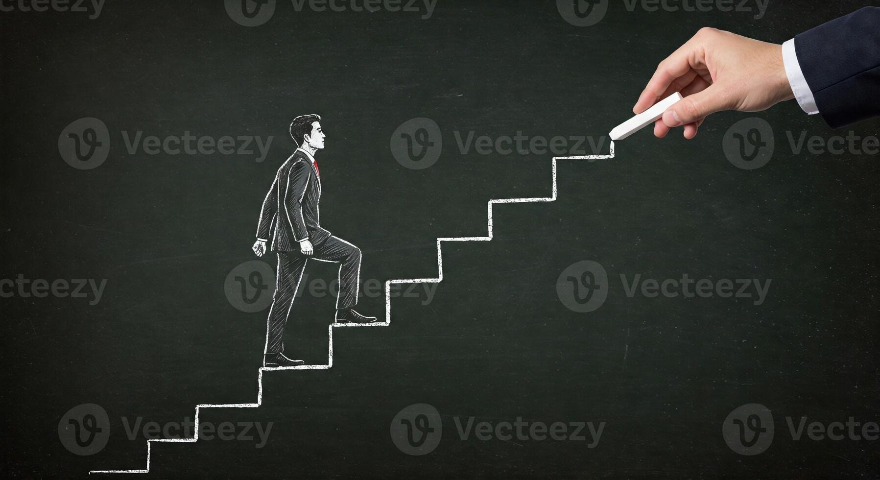 Businessman climbing stairs to success concept photo