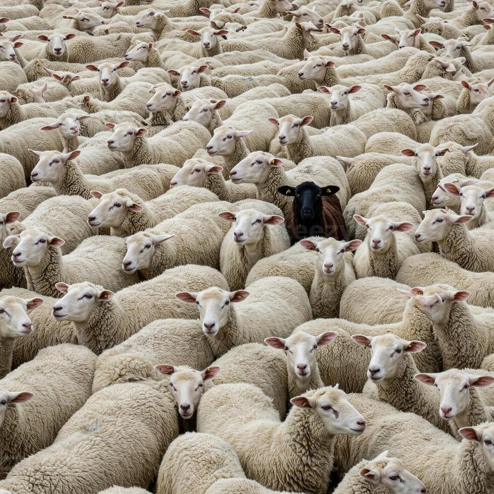 A man is surrounded by a herd of sheep photo