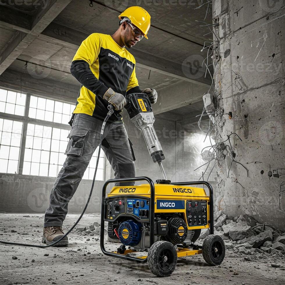 A man in yellow shirt and hard hat using a portable generator photo
