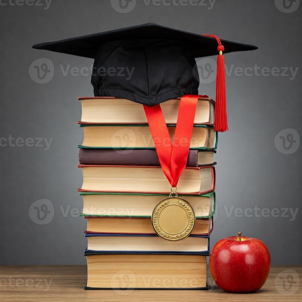 A graduation cap, a red apple and a stack of books photo