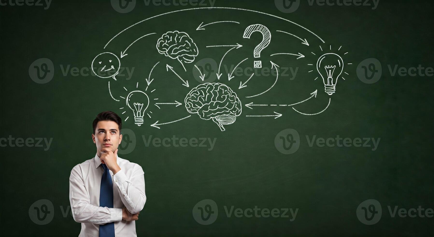 A man in a tie is standing in front of a chalkboard with a brain diagram drawn on photo