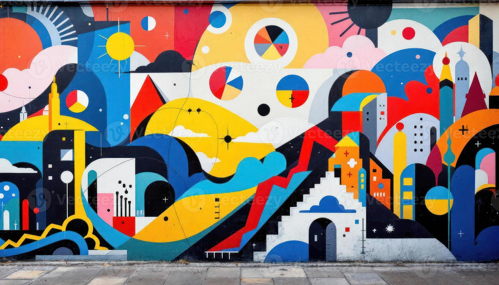 Vibrant mural showcasing abstract shapes and colors on an urban wall. photo