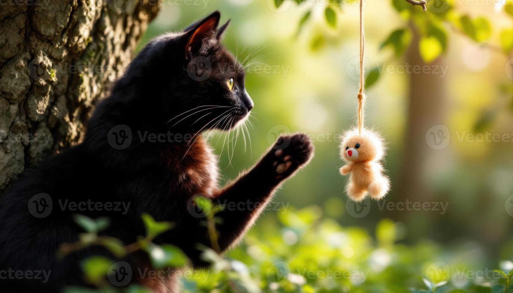 A playful black cat reaching for a hanging toy in a sunlit forest setting. photo