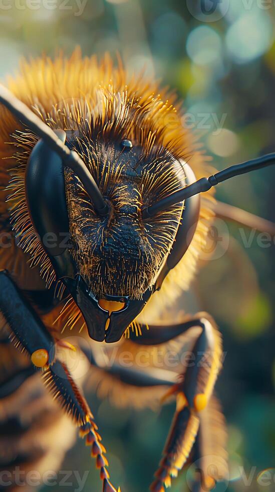 A close up of a bee with its head up photo