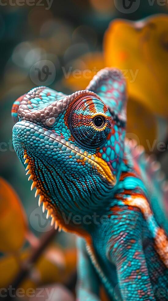 A close up of a chameleon with bright colors photo