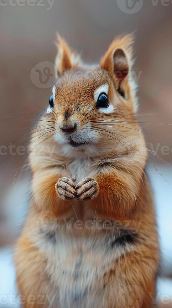 A small squirrel with big eyes standing on its hind legs photo