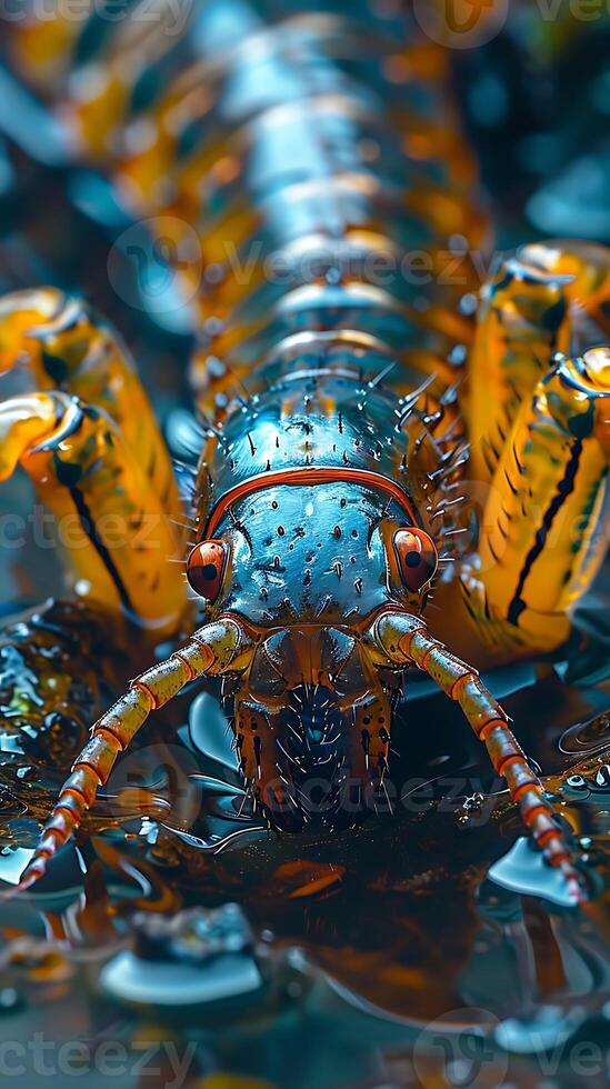 A centipede with a large head and long legs photo