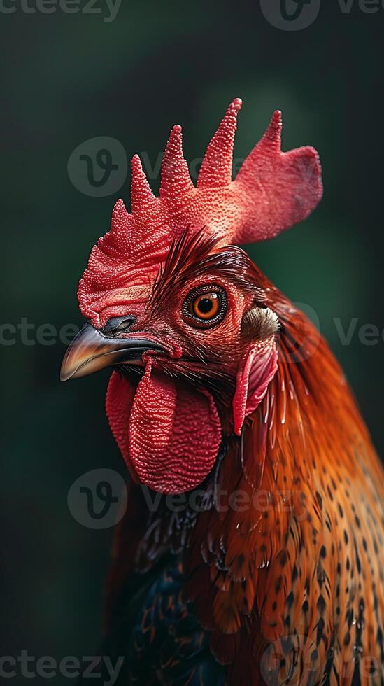 A close up of a rooster with a red head photo