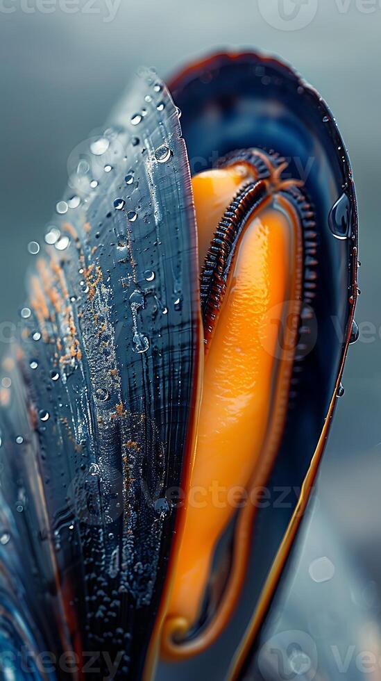 A close up of a mussel with water droplets on it photo