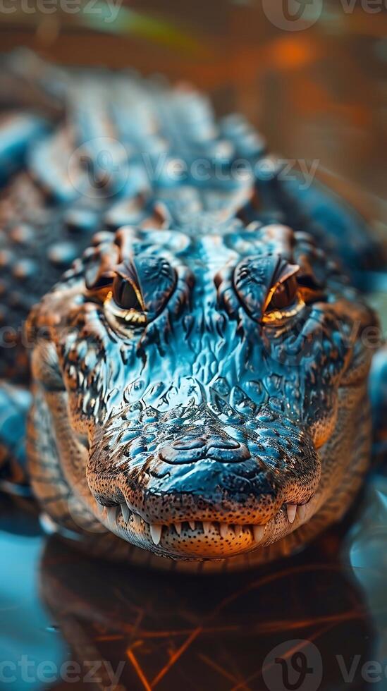 An alligator is floating in the water photo