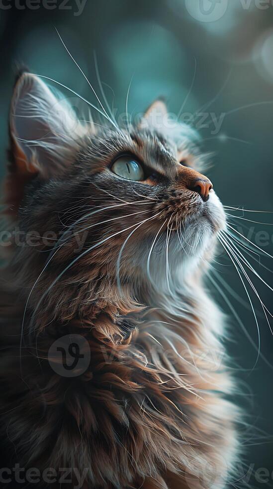 A cat looking up at the sky with a blurry background photo