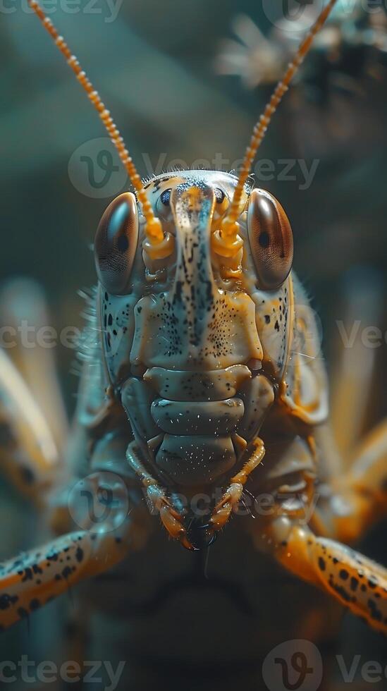 A close up of a grasshopper's face photo