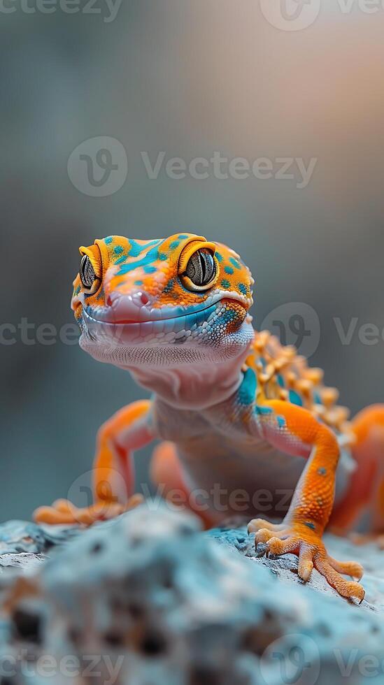 A colorful geckole on a rock photo