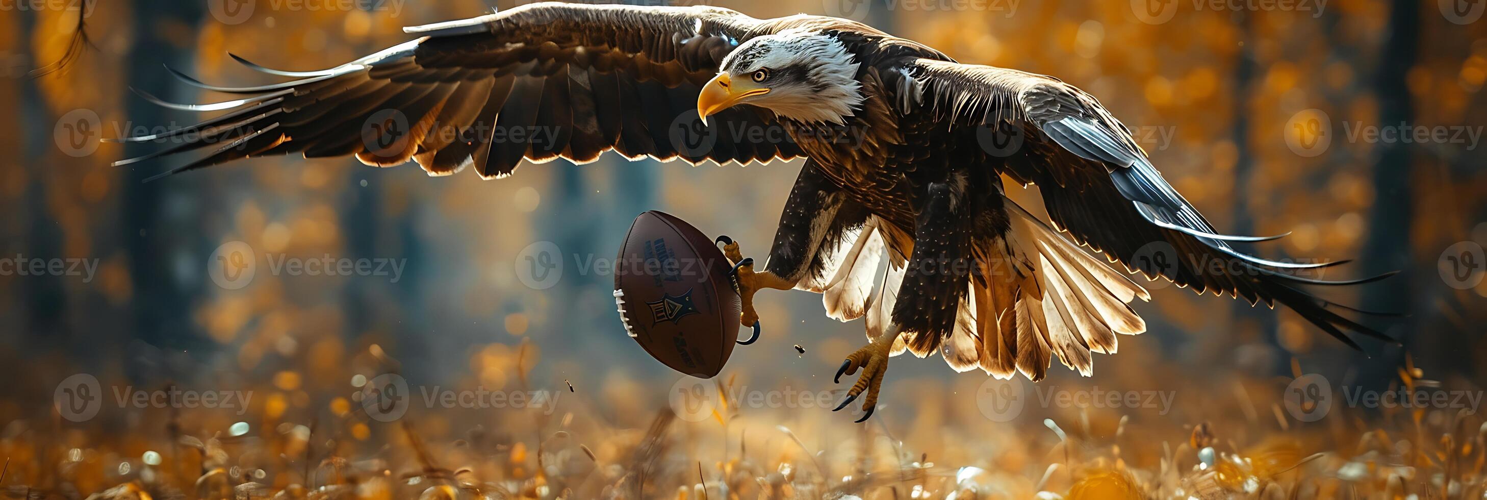 An eagle is flying over a field with a football photo