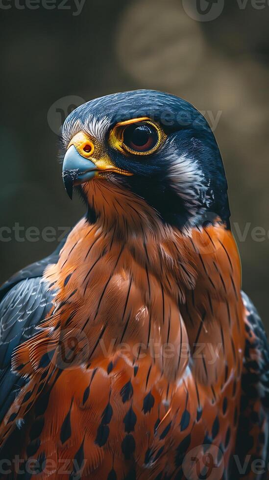 A close up of a bird of prey with bright yellow eyes photo