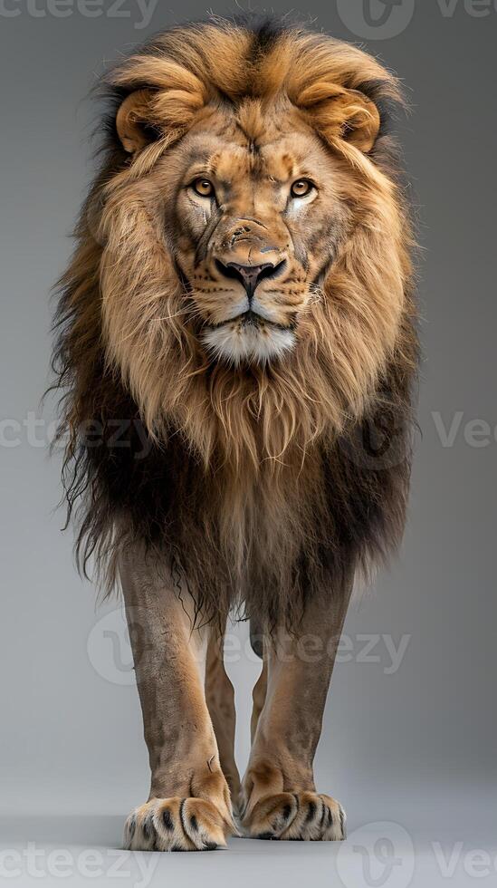 A lion is standing in front of a gray background photo