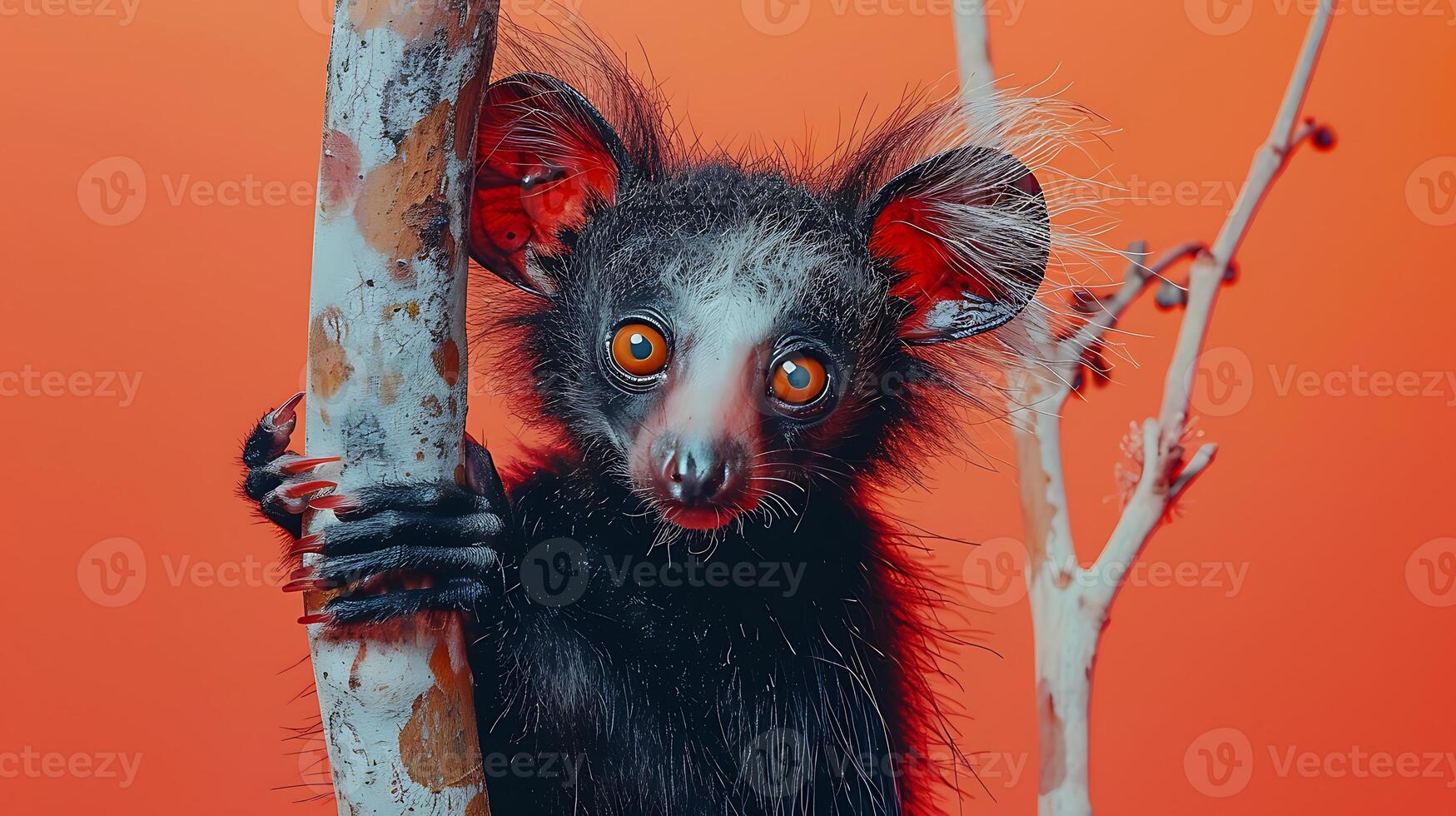 A small animal with red eyes is holding onto a tree photo