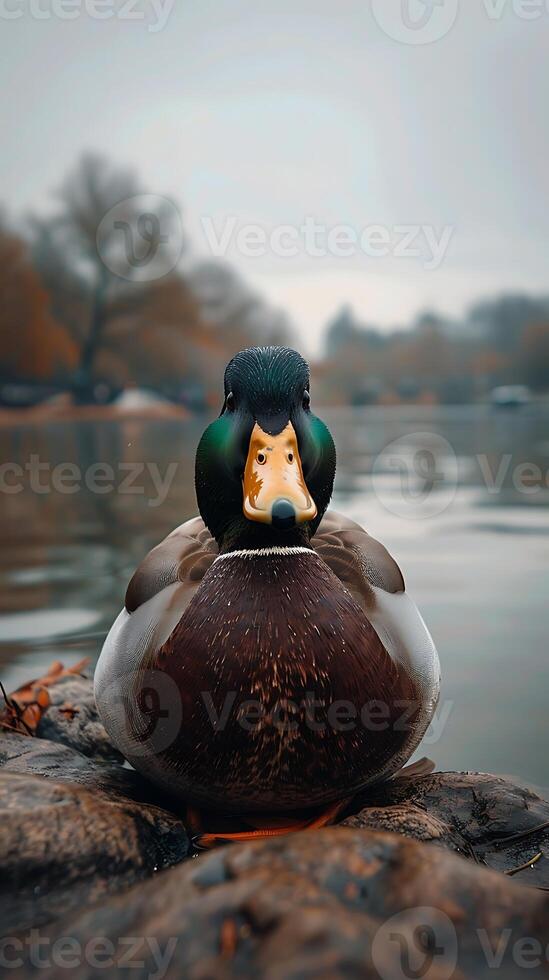 A duck sitting on a rock by the water photo