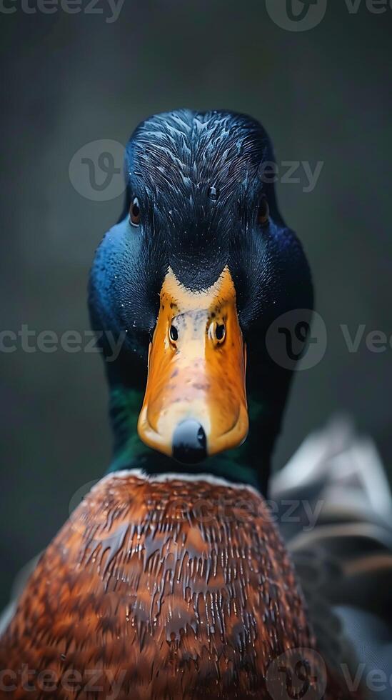 A close up of a duck's head with a black background photo