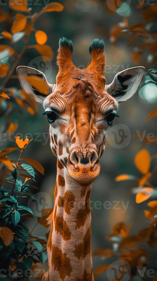A giraffe is looking at the camera in a forest photo