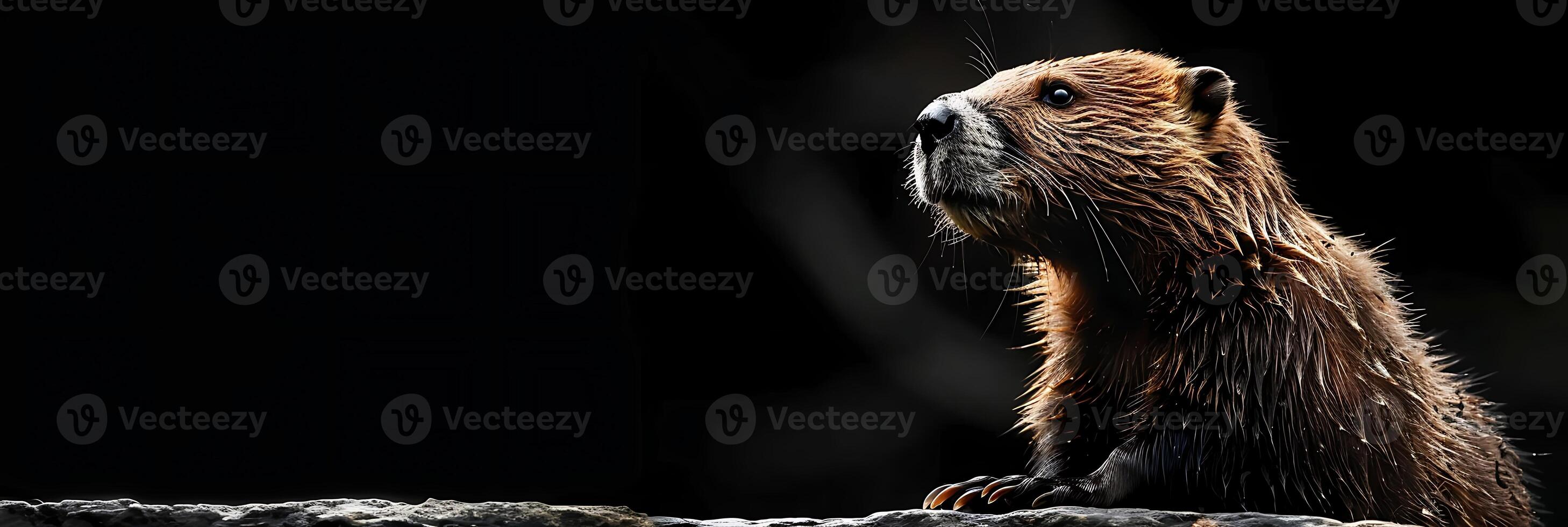 A beaver sitting on a rock in the dark photo