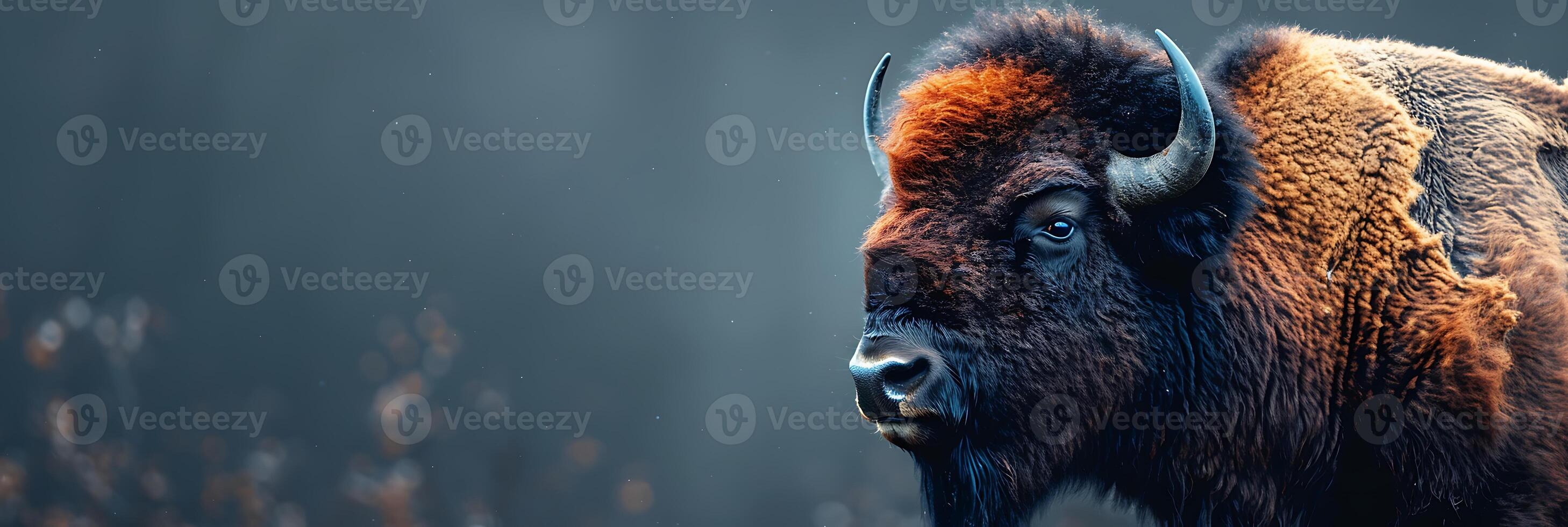 A bison is standing in the grass with a dark background photo
