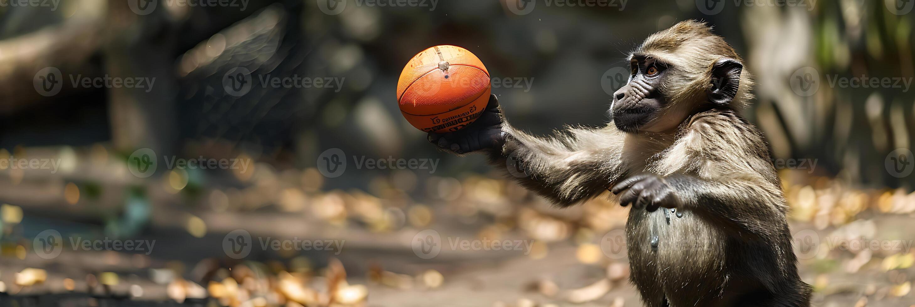 A monkey holding an orange ball in its hand photo